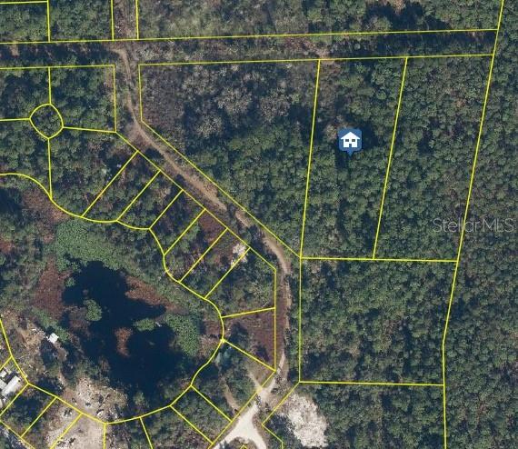 An aerial map view shows a vacant, wooded residential lot outlined in yellow — Lots 11 & 21 STARDUST BOULEVARD, CRESCENT CITY, FL