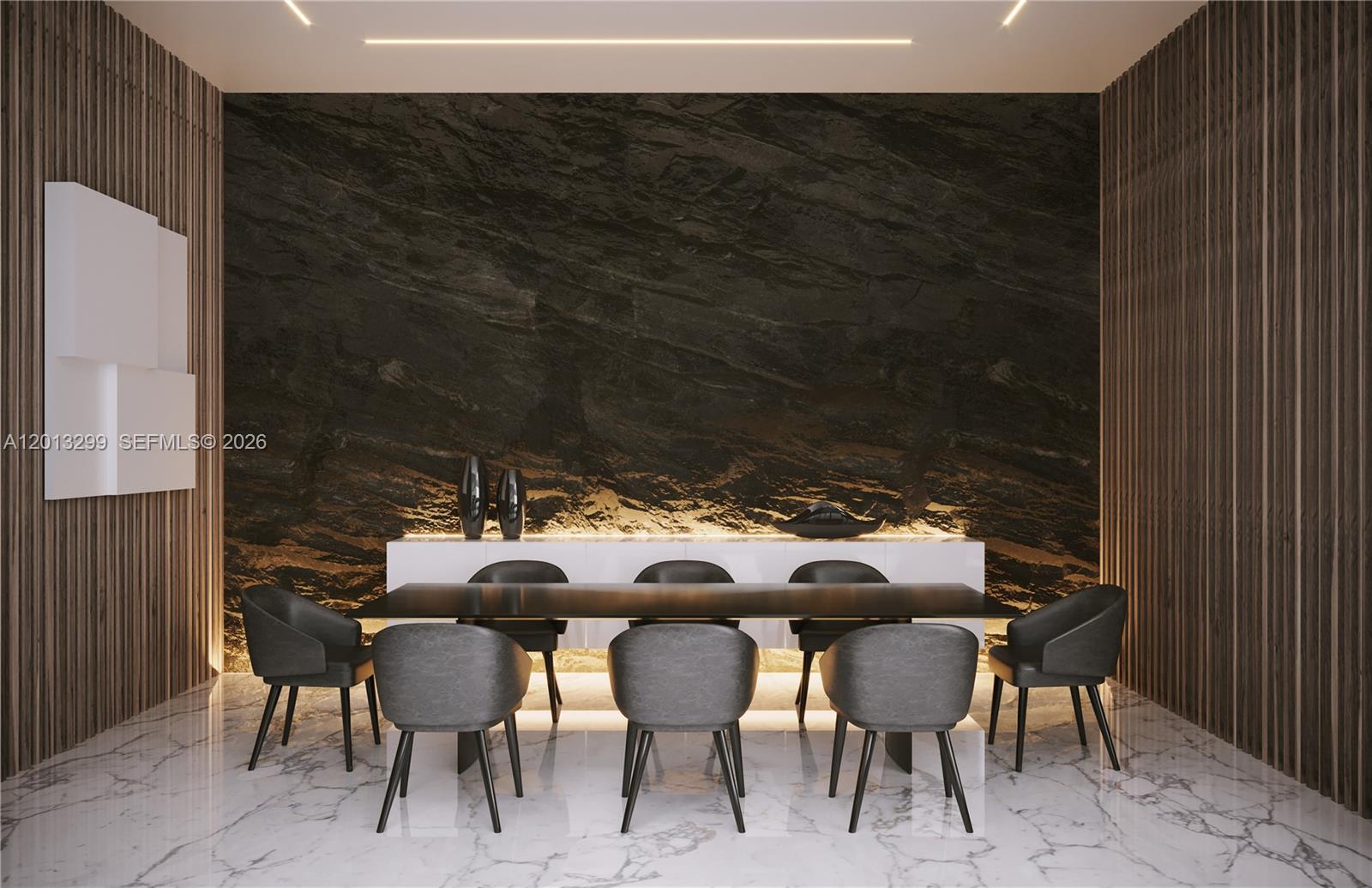 This rendering shows a dining room with a dark stone wall, wood-slatted sides, and marble flooring — 12581 SW 82nd Ave, Pinecrest FL 33156, PINECREST, FL