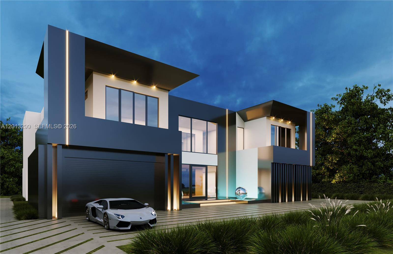 This is a rendering of a modern two-story house with a silver sports car parked outside — 12581 SW 82nd Ave, Pinecrest FL 33156, PINECREST, FL