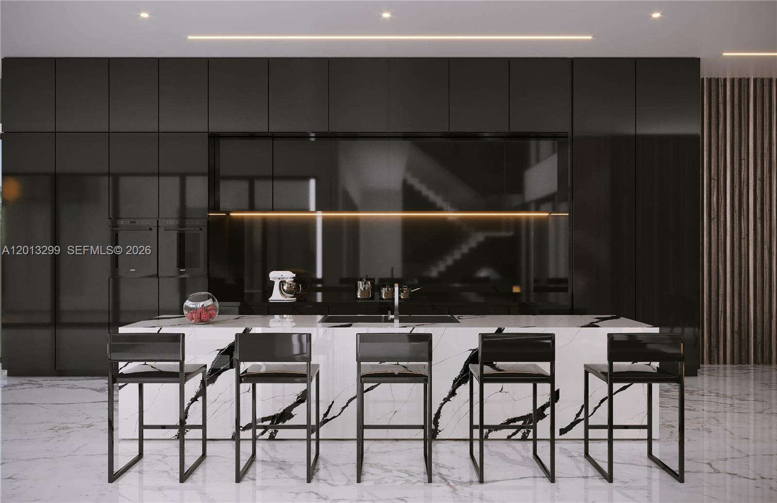 This is a rendering of a modern kitchen featuring black cabinetry and a marble island — 12581 SW 82nd Ave, Pinecrest FL 33156, PINECREST, FL