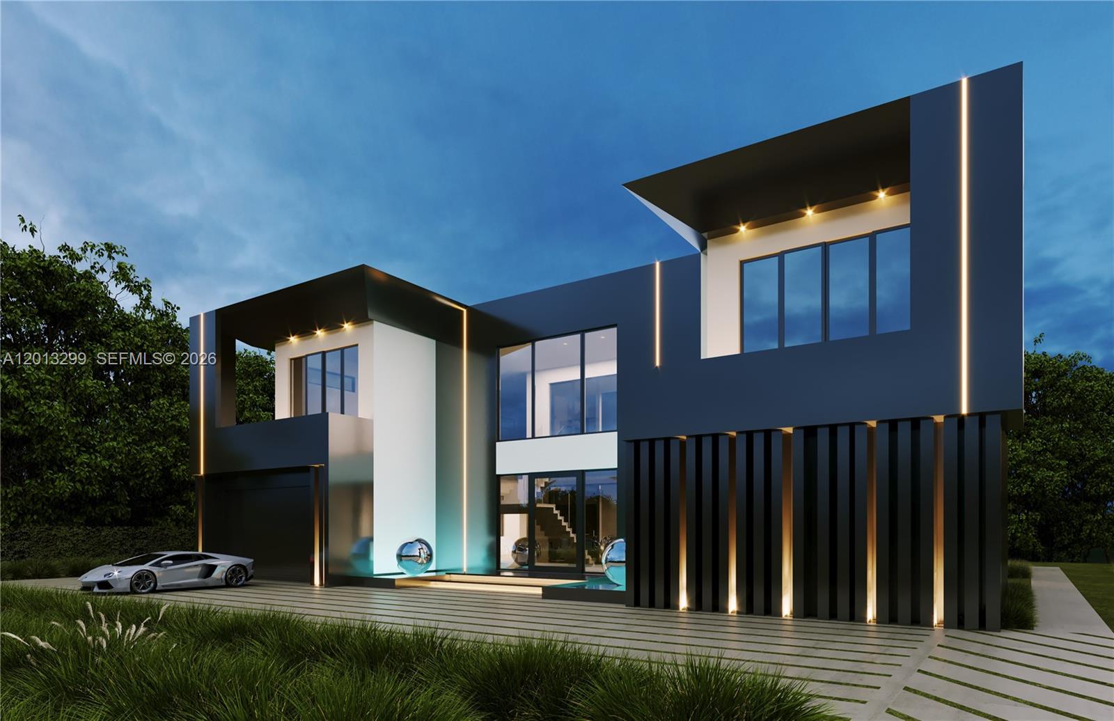 This is a rendering of a modern two-story house with a black exterior and driveway — 12581 SW 82nd Ave, Pinecrest FL 33156, PINECREST, FL