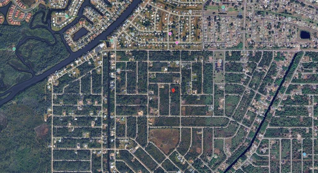 This is an aerial map view of a residential neighborhood with a red location pin — 116 HAWKE STREET, PORT CHARLOTTE, FL