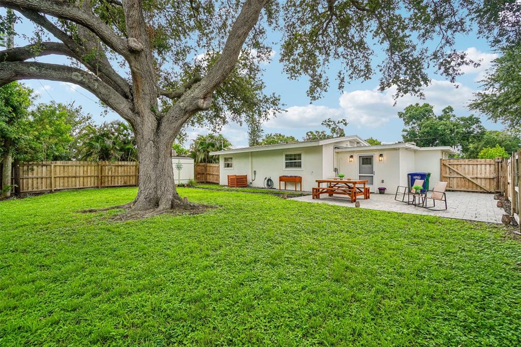 A backyard with a large oak tree, a paved patio, and a wooden picnic table — 4703 W WALLACE AVENUE, TAMPA, FL
