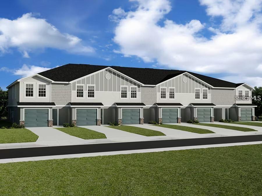A digital rendering of a multi-unit townhouse building with gray siding and attached garages — 362 CHESAPEAKE DRIVE, ST CLOUD, FL