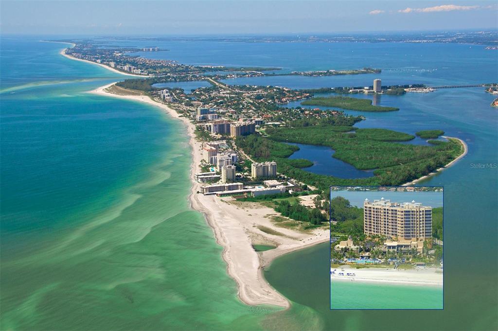 An aerial view of a coastal beach town with an inset photo of a resort — 1300 BENJAMIN FRANKLIN DRIVE UNIT 1205 & 1206, SARASOTA, FL