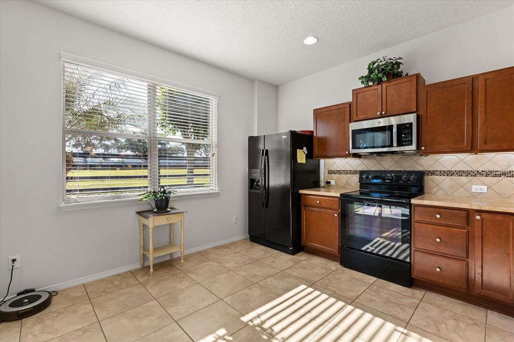 A kitchen with wood cabinets and a dishwasher overlooks a living area and patio — 22024 BELGIAN COURT, MOUNT DORA, FL