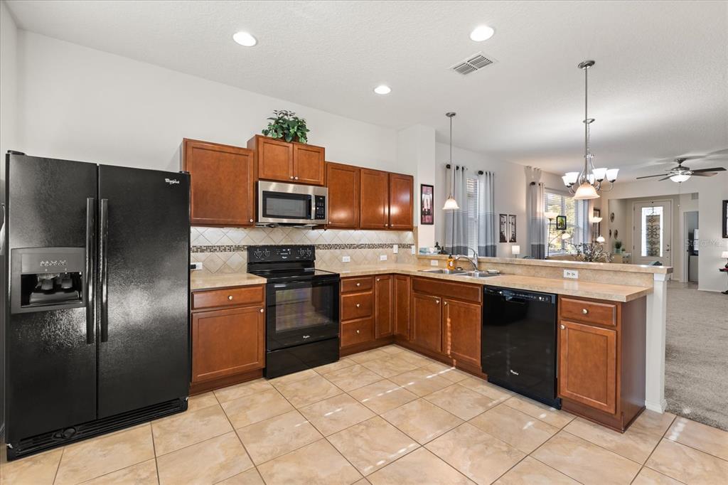 A screened-in patio features patio furniture, a ceiling fan, and views of a fenced yard — 22024 BELGIAN COURT, MOUNT DORA, FL