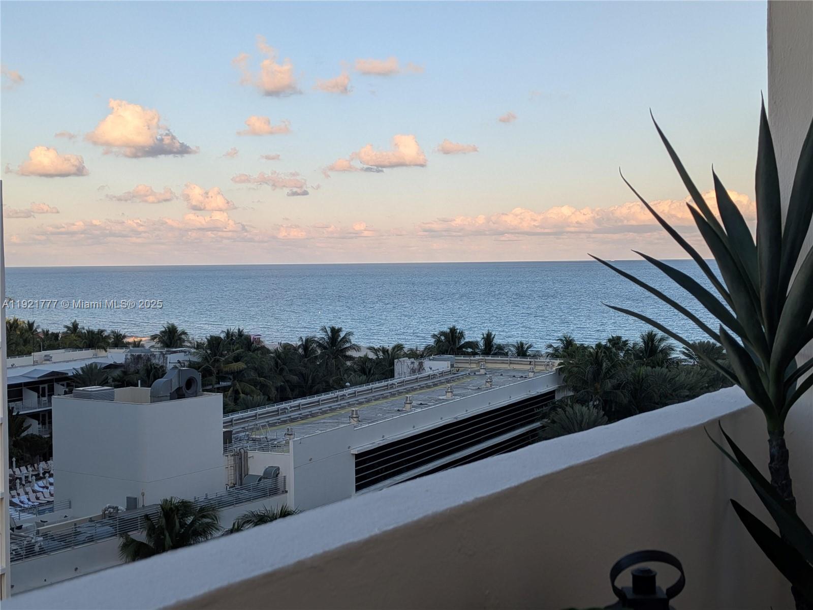 A balcony view overlooks a flat-roofed building, palm trees, and the ocean at sunset — 100 Lincoln Rd # 904, Miami Beach FL 33139, MIAMI BEACH, FL