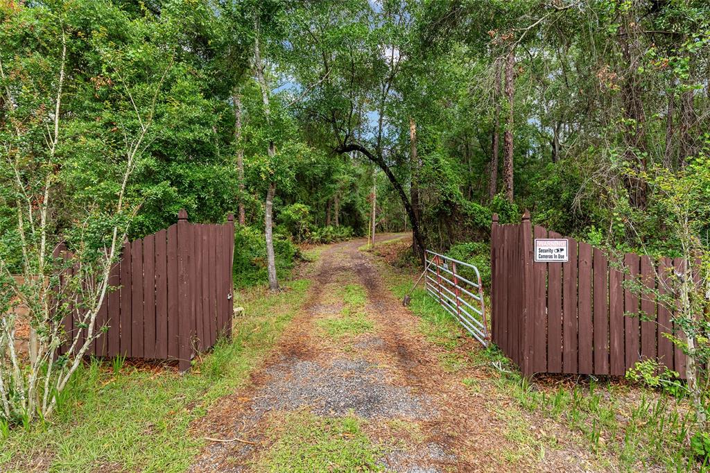 A dirt driveway leads through an open wooden gate into a wooded area — 7622 SE COUNTY ROAD 234, GAINESVILLE, FL
