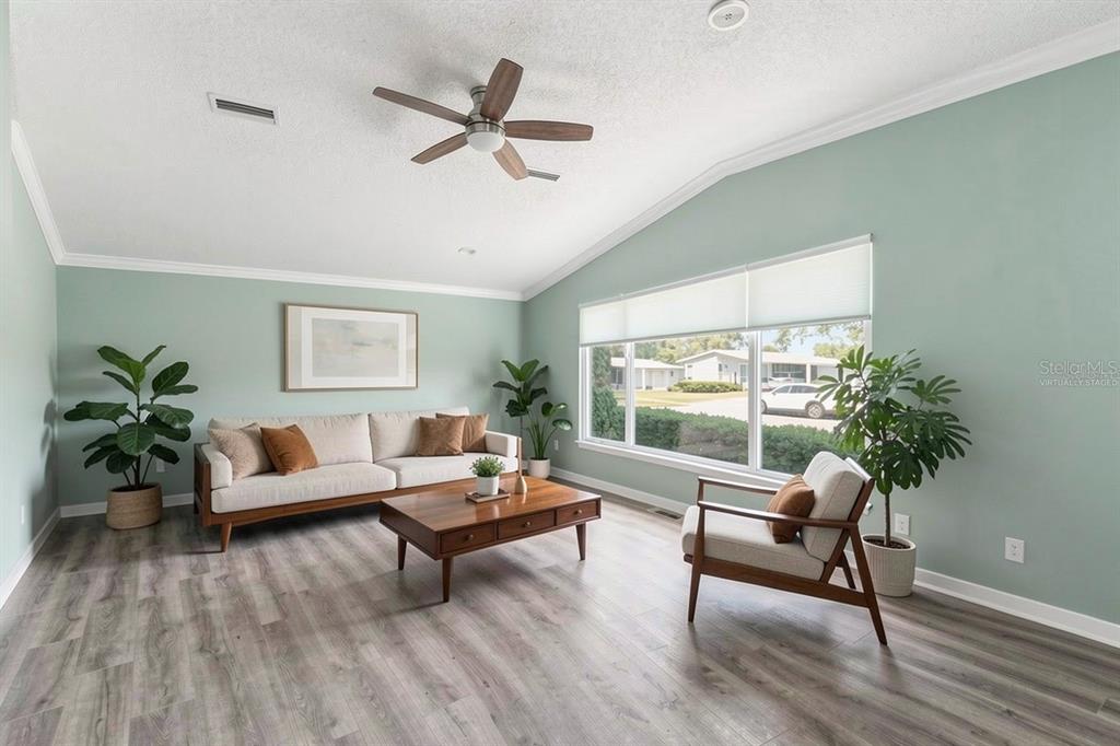 A living room features light green walls, wood-look flooring, a ceiling fan, and large windows — 1401 W SCHWARTZ BOULEVARD, LADY LAKE, FL