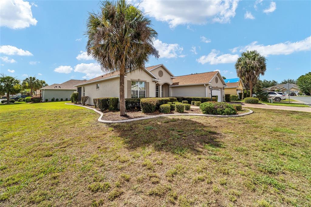 A single-story house with a tan exterior, a palm tree, and a landscaped front yard — 8907 SW 84TH CIRCLE, OCALA, FL