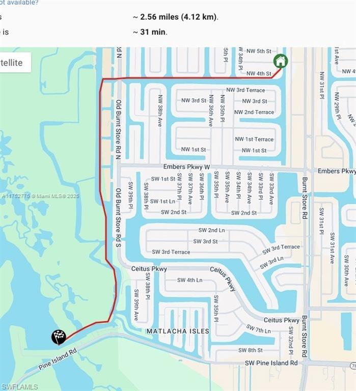 This is a map showing a driving route between two points in a residential area — 407 NW 33rd Ave, Cape Coral FL 33993, CAPE CORAL, FL