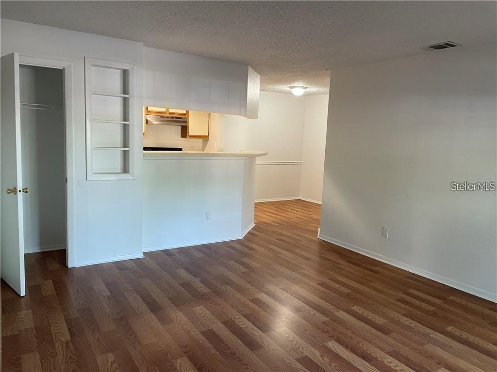 This interior view shows a living area with wood-look flooring and an open kitchen pass-through — 246 AFTON SQUARE UNIT 105, ALTAMONTE SPRINGS, FL