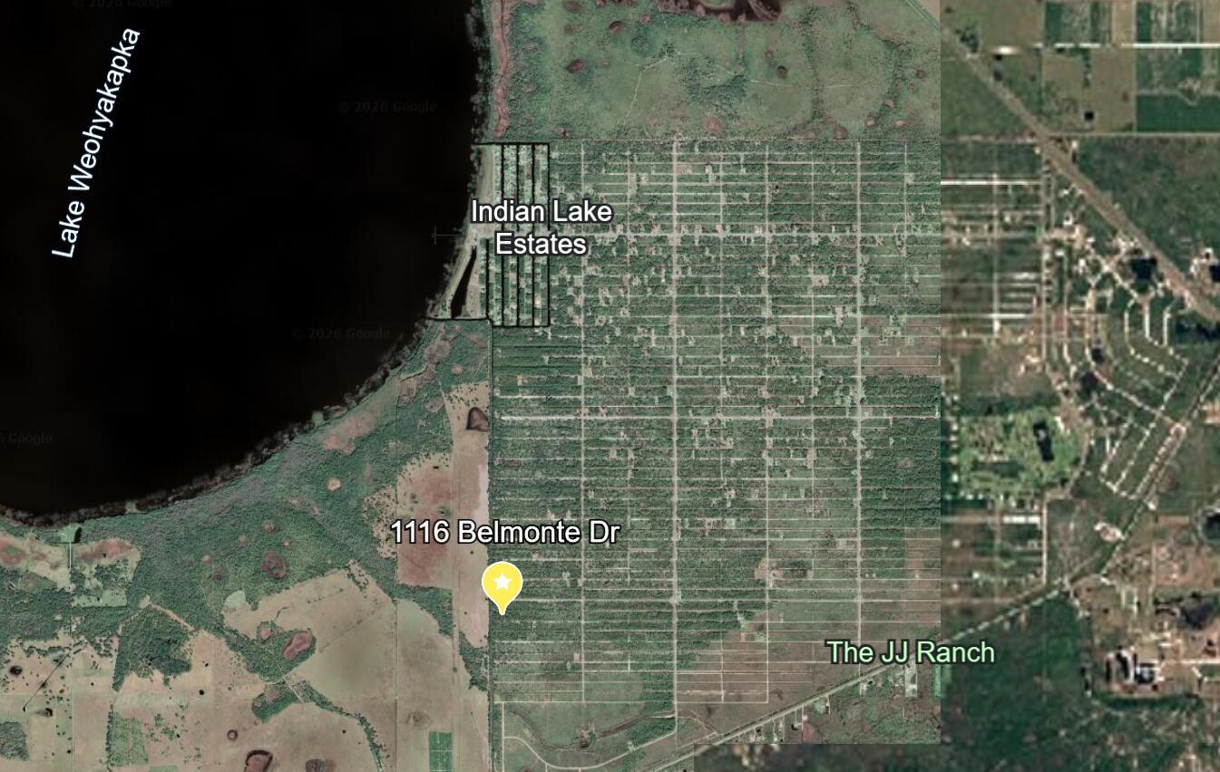 This is a satellite map view showing a residential area near Lake Weohyakapka — 1116 Belmonte Drive, FL 33855, FL