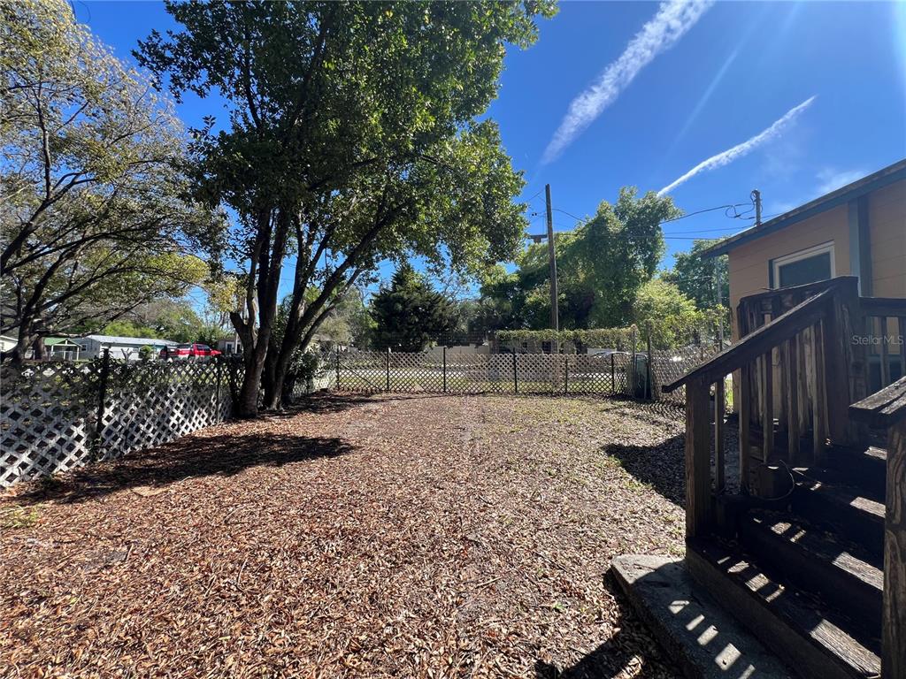 A backyard features a wooden staircase, a lattice fence, and a large tree — 1602 E ANNONA AVENUE, TAMPA, FL