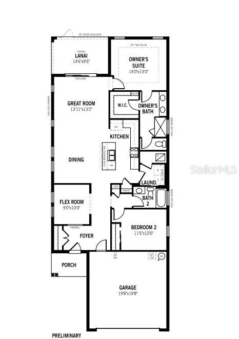 This is a floor plan for a single-story home featuring two bedrooms, a garage, and a lanai — 5620 SKYLIGHT WAY, PALMETTO, FL