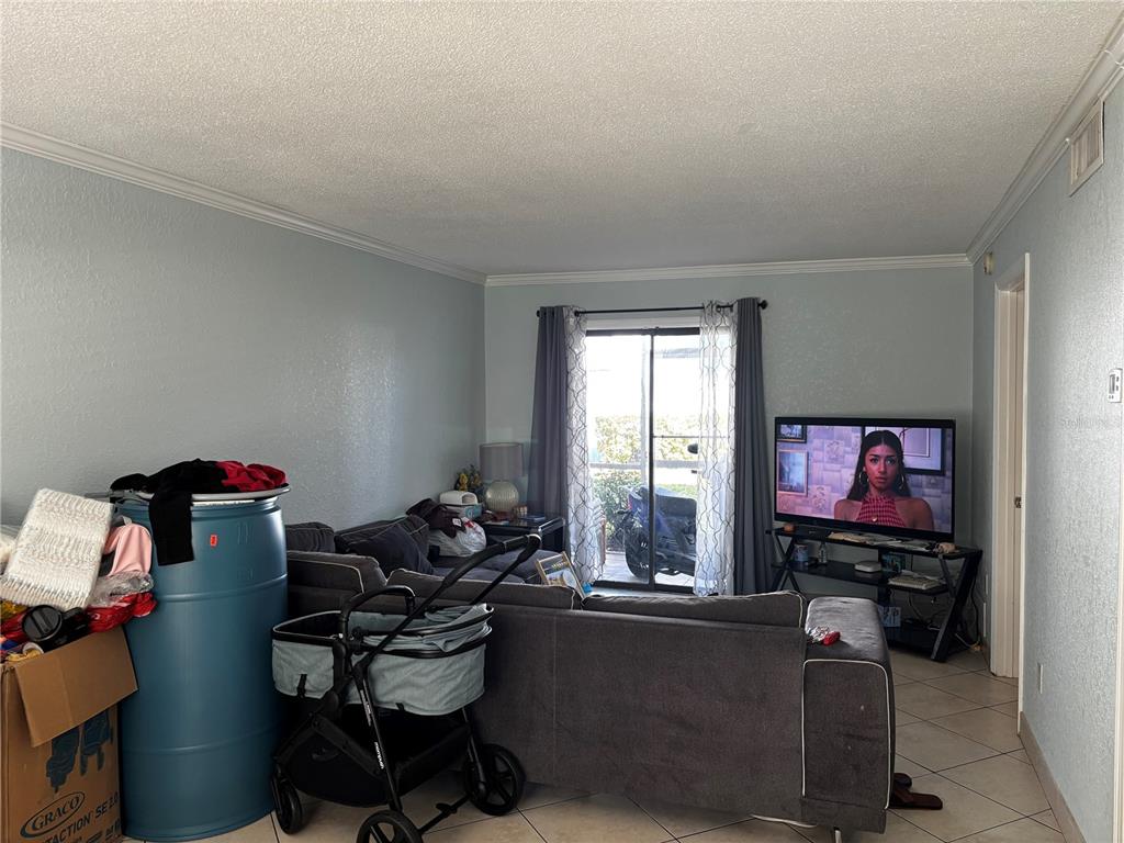 A living room features a gray sectional sofa, a baby stroller, a blue barrel, and a television — 5310 26TH STREET W UNIT 602, BRADENTON, FL