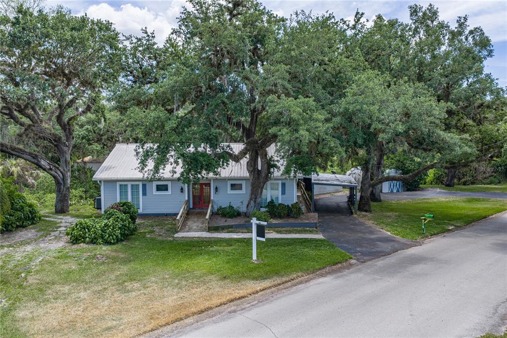 A single-story light blue house with a metal roof sits under large oak trees — 975 CALOOSA ESTATES DRIVE, LABELLE, FL