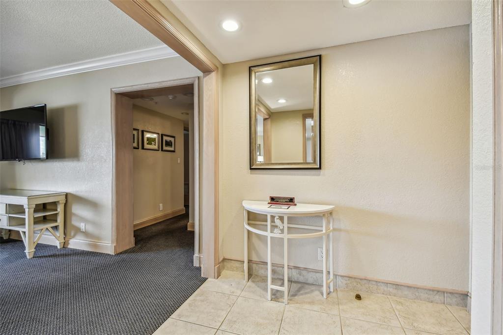 A hallway with tile flooring features a white console table, a wall mirror, and carpeted flooring — 36750 US HIGHWAY 19 N UNIT 04308, PALM HARBOR, FL