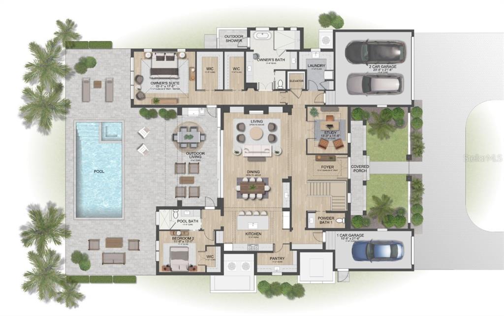 This floor plan shows a luxury home with a pool, three-car garage, and elevator — 1387 HARBOR DRIVE, SARASOTA, FL