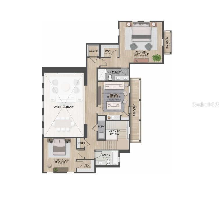This is a floor plan of an upper level featuring a VIP suite, media room, and bedroom — 1387 HARBOR DRIVE, SARASOTA, FL