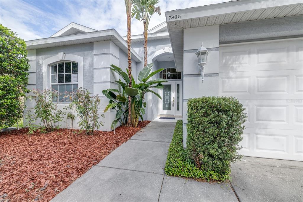 A single-story house exterior features a white garage door, a front walkway, and landscaping — 7805 BRISBANE COURT, NEW PORT RICHEY, FL