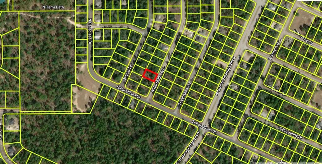 This is an aerial map showing a vacant lot highlighted in red within a residential neighborhood — 8864 N BARBADOS WAY, CITRUS SPRINGS, FL