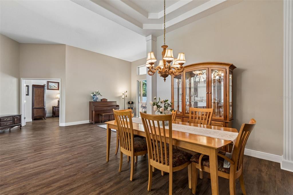 A dining room with a wooden table, chairs, hutch, and chandelier on wood-look flooring — 10111 KINGSHYRE WAY, TAMPA, FL