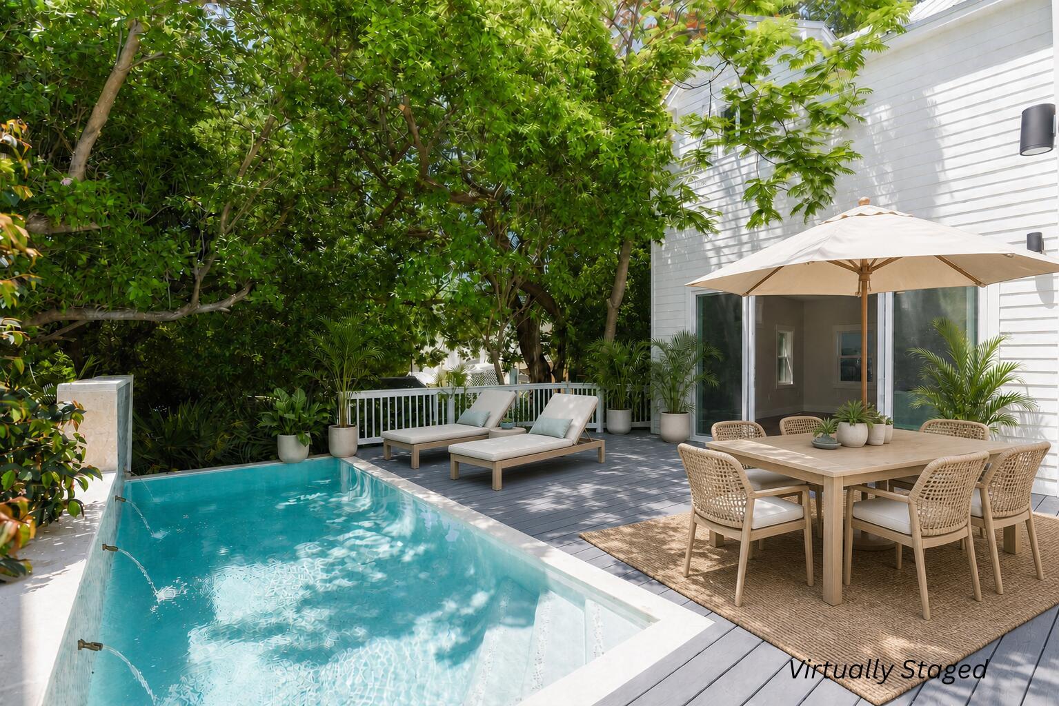 A backyard patio features a small swimming pool, dining set, and lounge chairs under trees — 1316 Royal Street # 6, Key West FL 33040, KEY WEST, FL