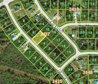 This is a satellite map view showing a highlighted vacant residential lot in a neighborhood — 6152 PENNELL STREET, ENGLEWOOD, FL