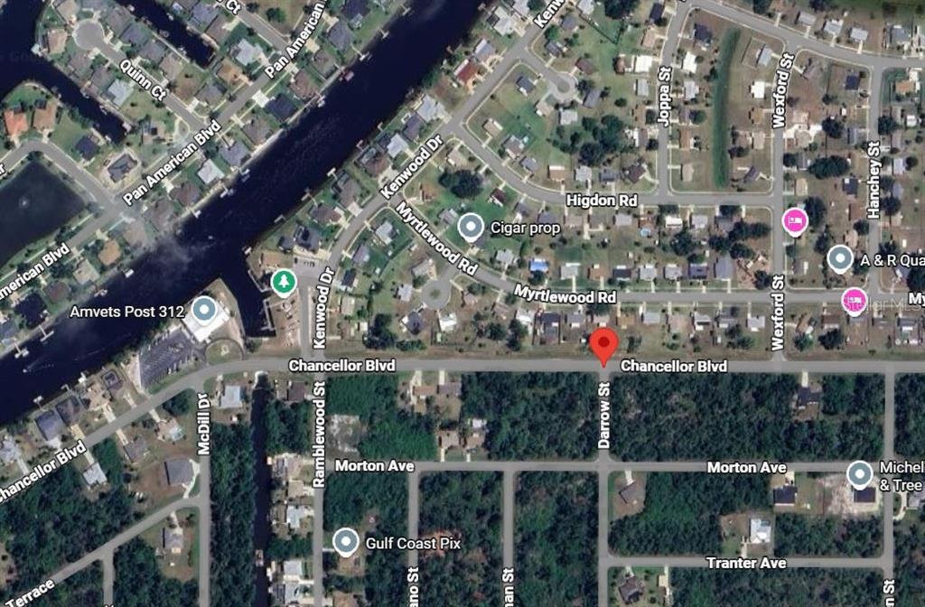 This is an aerial map view of a residential neighborhood with streets and landmarks labeled — 10 DARROW STREET, PORT CHARLOTTE, FL