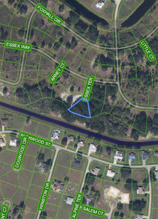 This is an aerial map showing a residential lot highlighted in blue at a cul-de-sac — 1000 ESSEX TERRACE, SEBRING, FL