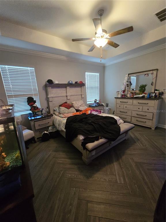 A bedroom features a tray ceiling, ceiling fan, wood-look tile flooring, and light-colored furniture — 11436 CHILLY WATER COURT, RIVERVIEW, FL