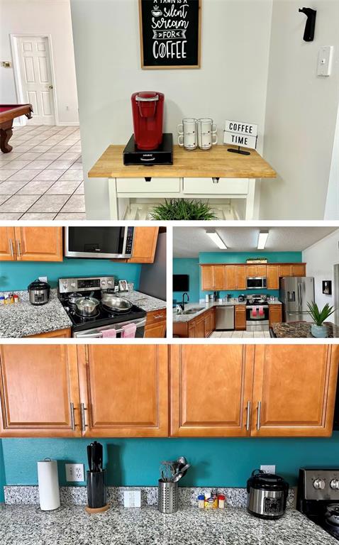 This collage shows a kitchen with wood cabinets, teal walls, granite countertops, and a coffee station — 5212 JASMINE TRACE LANE, KISSIMMEE, FL