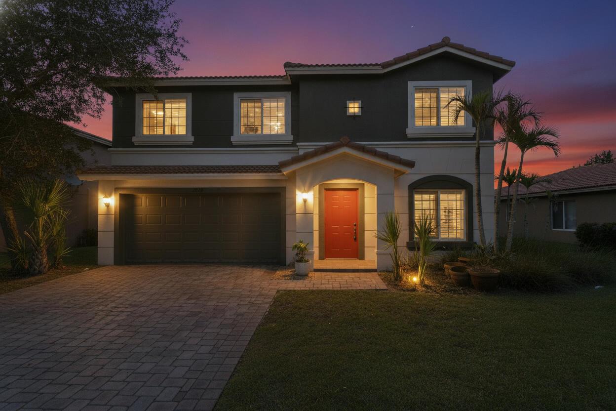 A two-story house with a red front door, a garage, and a paved driveway at sunset — 2020 SW Newport Isles Boulevard, FL 34953, FL