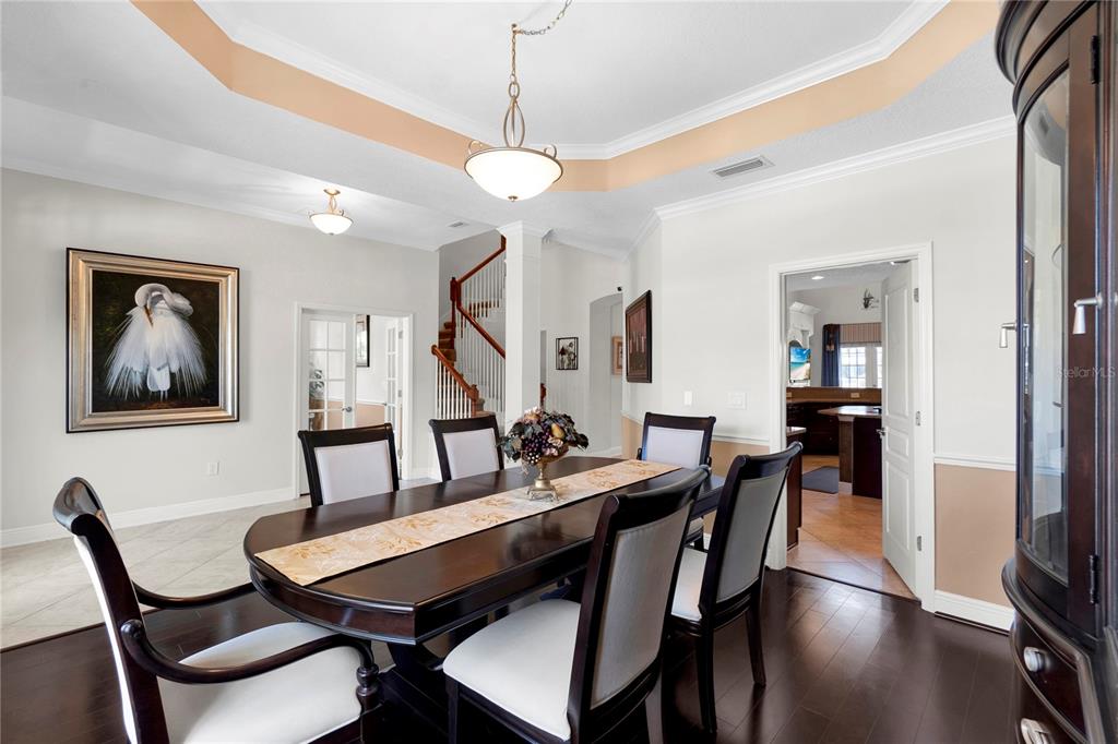 A dining room features a dark wood table, upholstered chairs, and a tray ceiling — 5727 SEA TROUT PLACE, APOLLO BEACH, FL