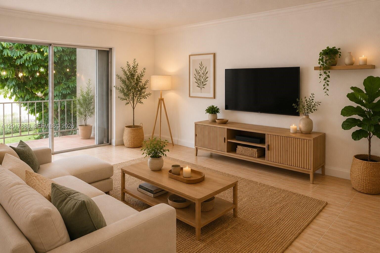 This living room features light wood furniture, a beige sofa, and a sliding glass balcony door — 9429 SW 76th St # W25, Miami FL 33173, MIAMI, FL