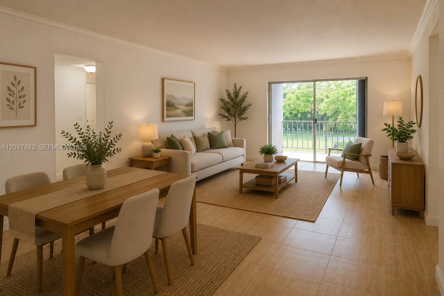 A bright living and dining area features neutral furniture, tile flooring, and a sliding glass door — 9429 SW 76th St # W25, Miami FL 33173, MIAMI, FL