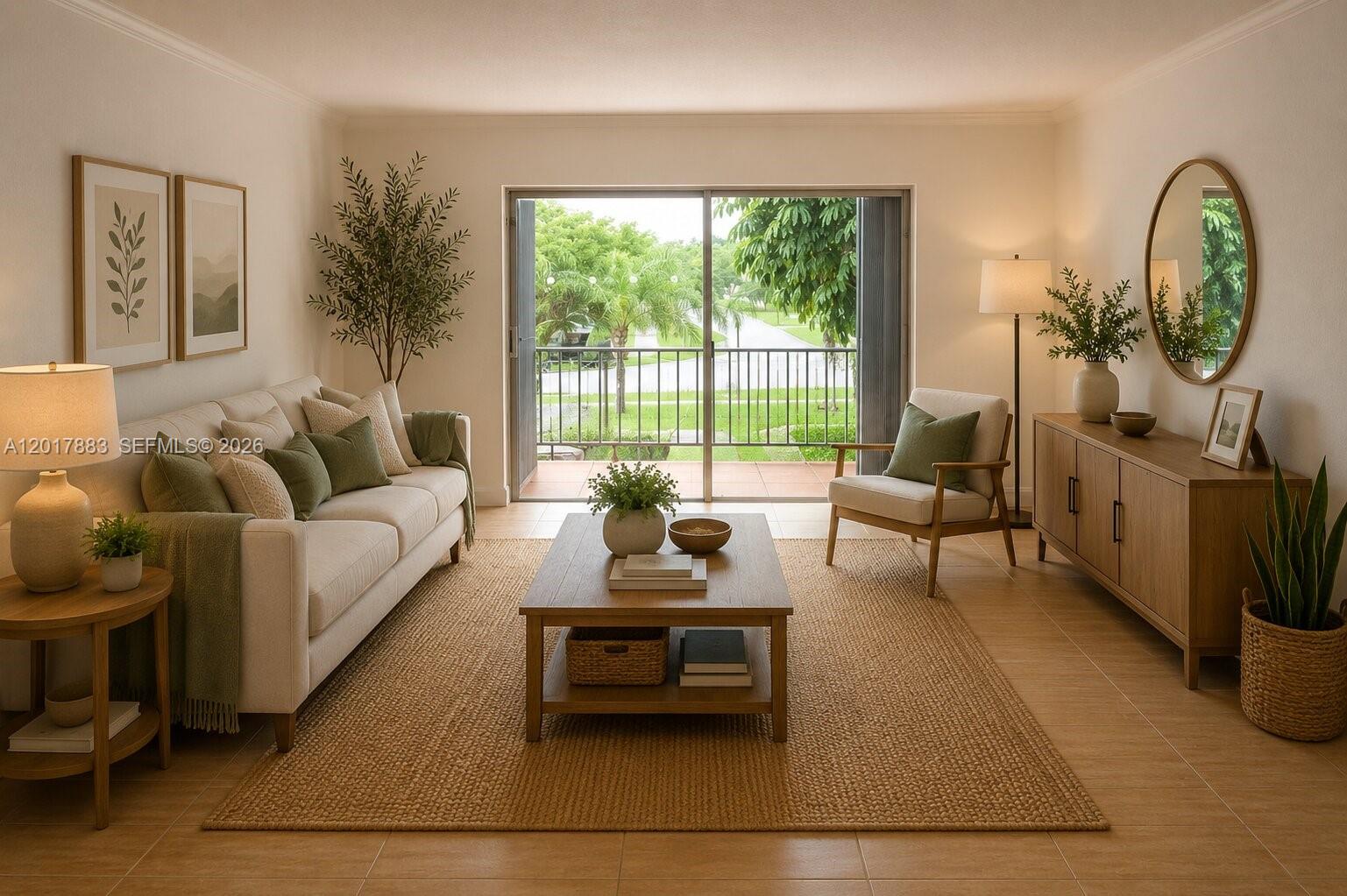 This living room features a sofa, coffee table, armchair, and a balcony with outdoor views — 9429 SW 76th St # W25, Miami FL 33173, MIAMI, FL