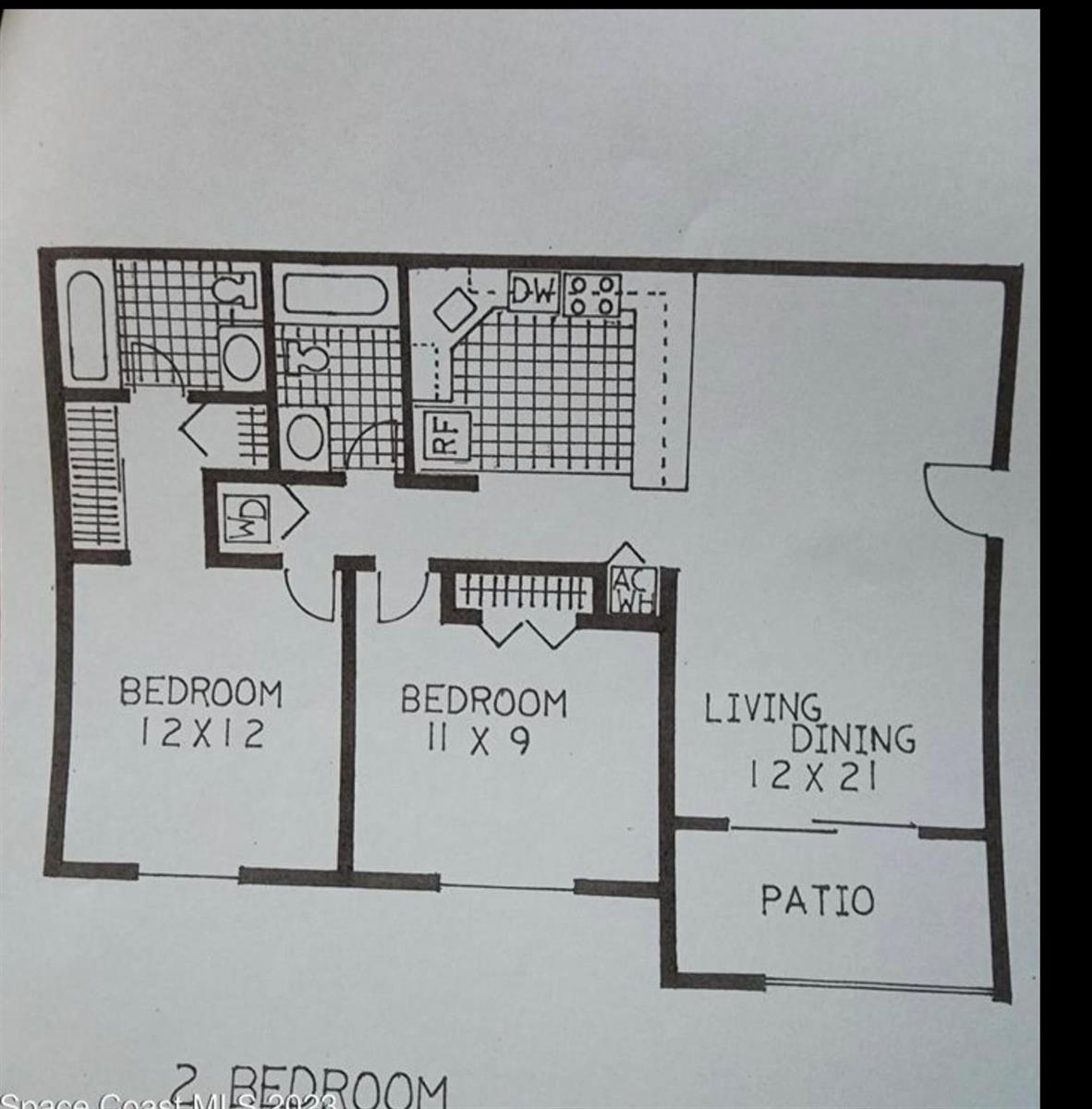This is a floor plan for a two-bedroom apartment with a living area and patio — 1698 NE Sunny Brook Lane # G206, Palm Bay FL 32905, PALM BAY, FL