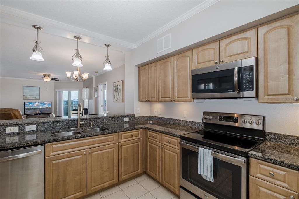 A kitchen with light wood cabinets, granite countertops, and stainless steel appliances overlooks a living area — 4516 SEAGULL DRIVE UNIT 411, NEW PORT RICHEY, FL