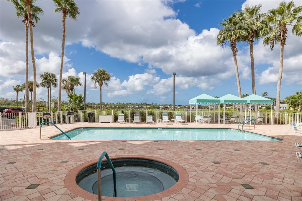 A swimming pool and hot tub are surrounded by a patio with palm trees outdoors — 4516 SEAGULL DRIVE UNIT 411, NEW PORT RICHEY, FL