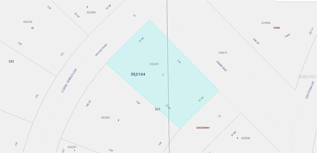 This is a property tax map showing parcel boundaries, lot dimensions, and street names — CORAL GABLES DRIVE, INDIAN LAKE ESTATES, FL