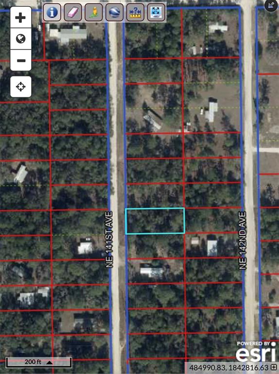 This is a satellite map view showing a rectangular plot of land highlighted in blue — TBD NE 141 AVENUE, WILLISTON, FL