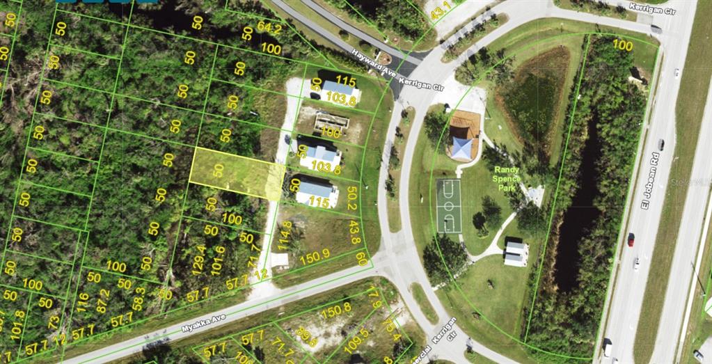 This is an aerial map showing residential lots, a park, and surrounding streets — 4457 BUCKWHEAT ROAD, PORT CHARLOTTE, FL