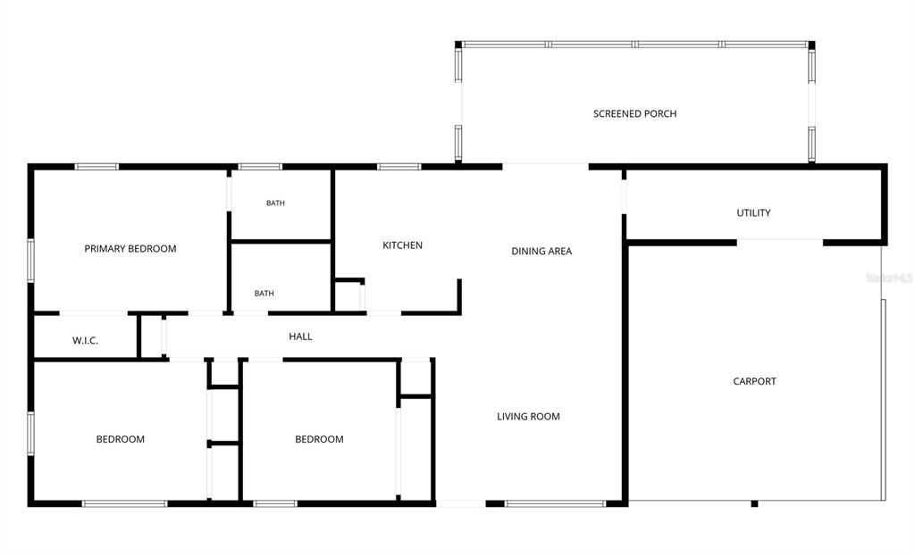 This is a floor plan of a single-story house featuring three bedrooms, two bathrooms, and a carport — 1915 NW 42ND PLACE, GAINESVILLE, FL