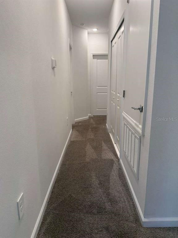 A narrow hallway with gray carpet, white walls, and several closed white interior doors — 2312 BROOK MARSH LOOP, KISSIMMEE, FL