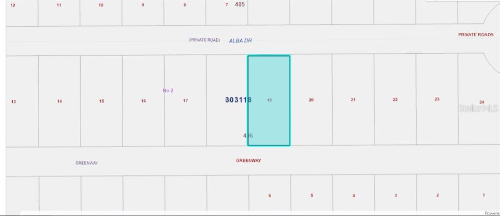 This is a plat map showing a highlighted rectangular lot numbered 19 along Alba Drive — 711 ALBA DRIVE, INDIAN LAKE ESTATES, FL