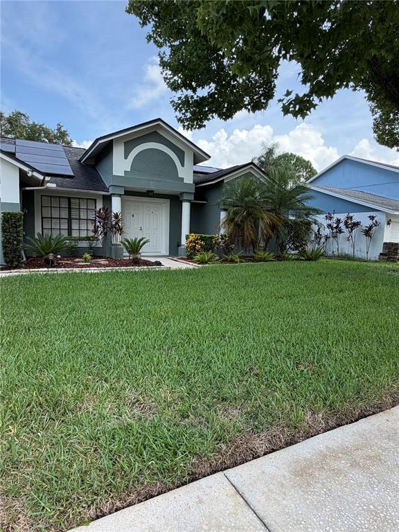 A single-story house with a gray exterior, solar panels, and a manicured front lawn — 3221 OAKWOOD PLACE, TARPON SPRINGS, FL