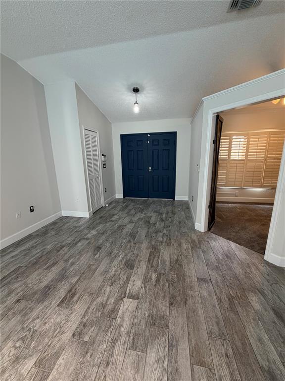An entryway features gray wood-look tile flooring, a dark blue double door, and a closet — 3221 OAKWOOD PLACE, TARPON SPRINGS, FL